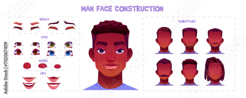 African American male face constructor set for game avatar. Vector cartoon illustration of young black skin man head, eyebrows, eyes, nose, mouth, hairstyles collection isolated on white background