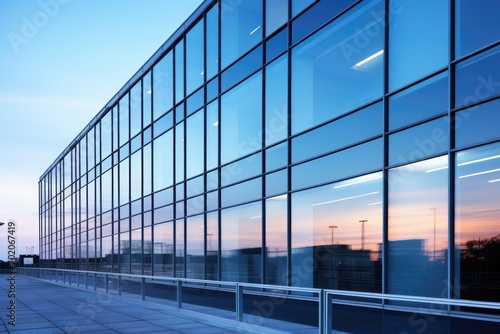 Glass office building facade at dusk with a vibrant sky