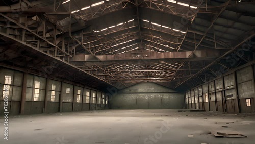 Abandoned rusty factory with copy space. Industrial indoor horizontal background.