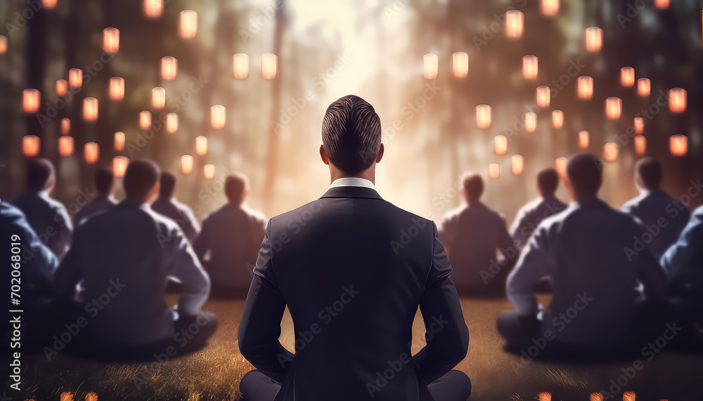 Group of people in business suits meditating in office ,business concept - obrazy, fototapety, plakaty 