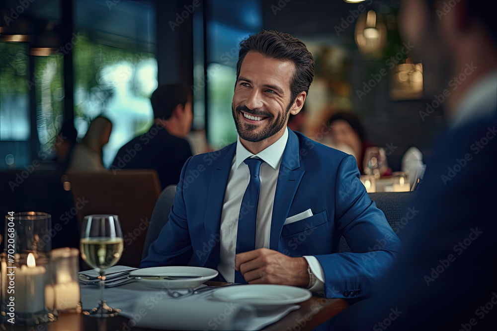 Bearded man in blue suit conversing in restaurant