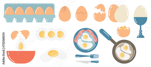 Vector set of white and brown eggs, whole and cut chicken eggs, broken eggs, fried eggs on a frying pan and plate with bacon, cardboard box with raw eggs