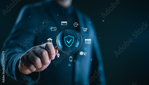 Service guarantee, clients service, businessman hand showing guarantee check mark for business automation process, quality assurance management, certification, online shopping, financial ecosystem.