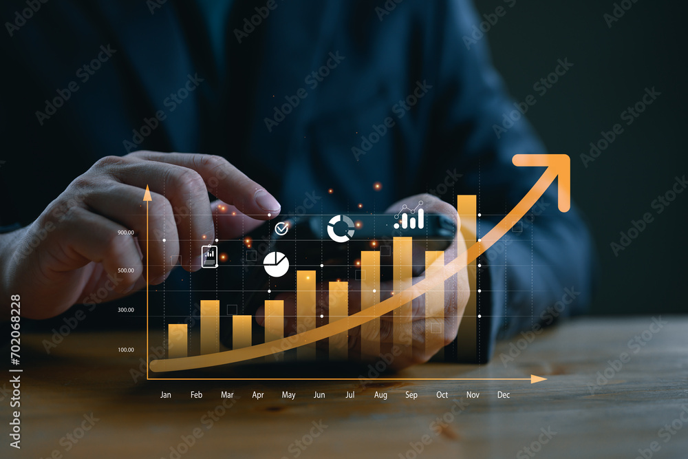 Businesspeople investor trader analyze financial data chart trading forex, investing in stock markets, funds and digital assets, Business finance technology and investment concept. Trade, budget. - obrazy, fototapety, plakaty 