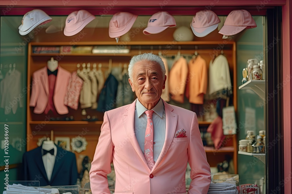 Distinguished gentleman in a pink suit in front of a clothing store