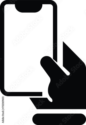 smartphone in hand silhouette vector icon, smartphone mockup with frameless white screen. Mockup phone for visual UI, app demonstration. Detailed Mockup Smartphone, isolated on transparent background,