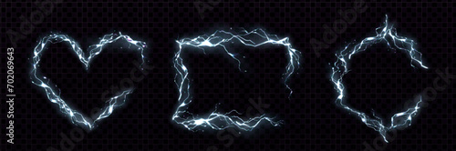 White frames made of glowing neon lightning. Realistic vector set of rectangle, round and heart shape borders from thunder bolts. Magic electric energy power framework on dark transparent background