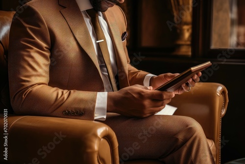 Man in a brown suit using a smartphone in a luxurious leather armchair