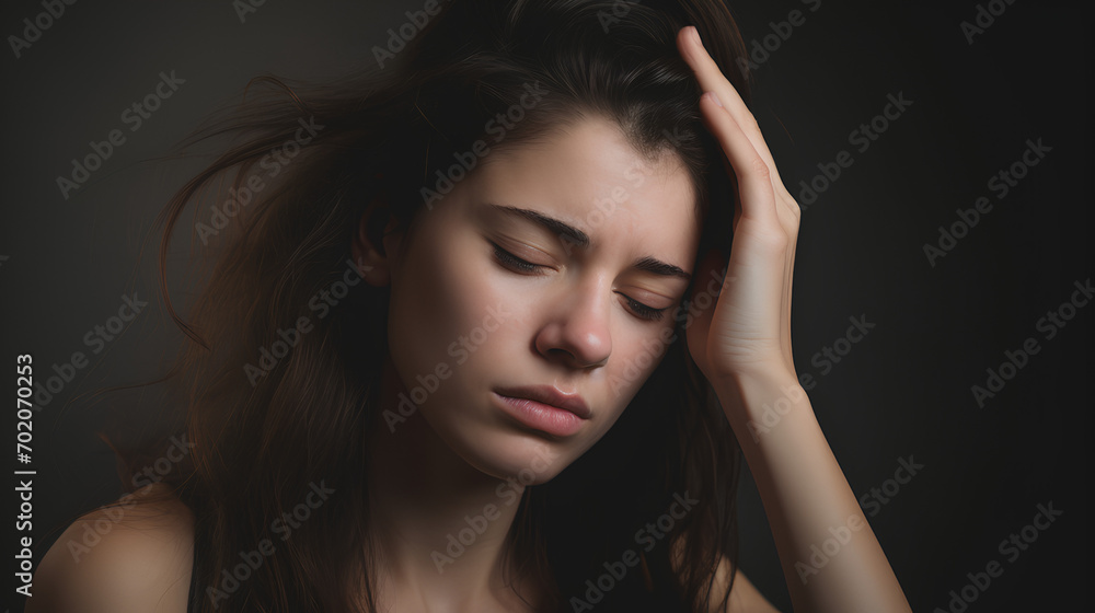 Asian lady with sinus problems or toothache, Furrowed brow Asian lady with sinus problems or toothache, Furrowed brow