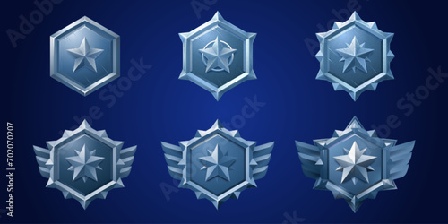 Hexagon metallic badge with star and decorations for game level rank progress ui design. Cartoon vector illustration set of various evolution stages of medieval silver or steel trophy medal or emblem.