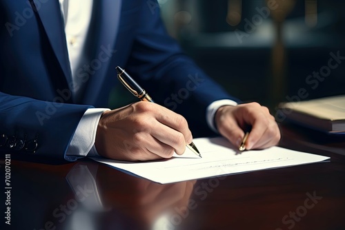 Close-up of executive signing a contract with a golden pen