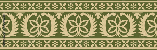 Vector seamless gold and green Indian national ornament. Ethnic endless plant border. Flowers frame. Poppies and leaves..