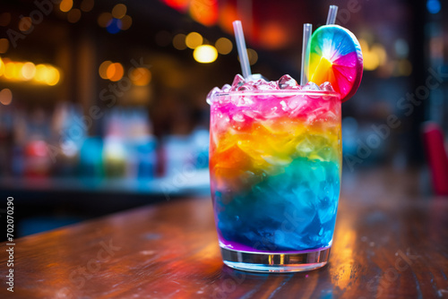 Colorful drink, cocktail close up on the table in a club, pub. Alcoholic beverage in a gay rainbow flag colors. LGBTQ celebration.