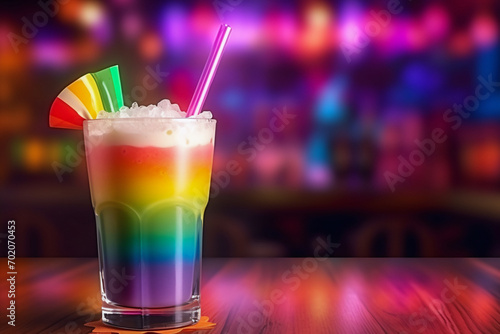 Colorful drink  cocktail close up on the table in a club  pub. Alcoholic beverage in a gay rainbow flag colors. LGBTQ celebration.