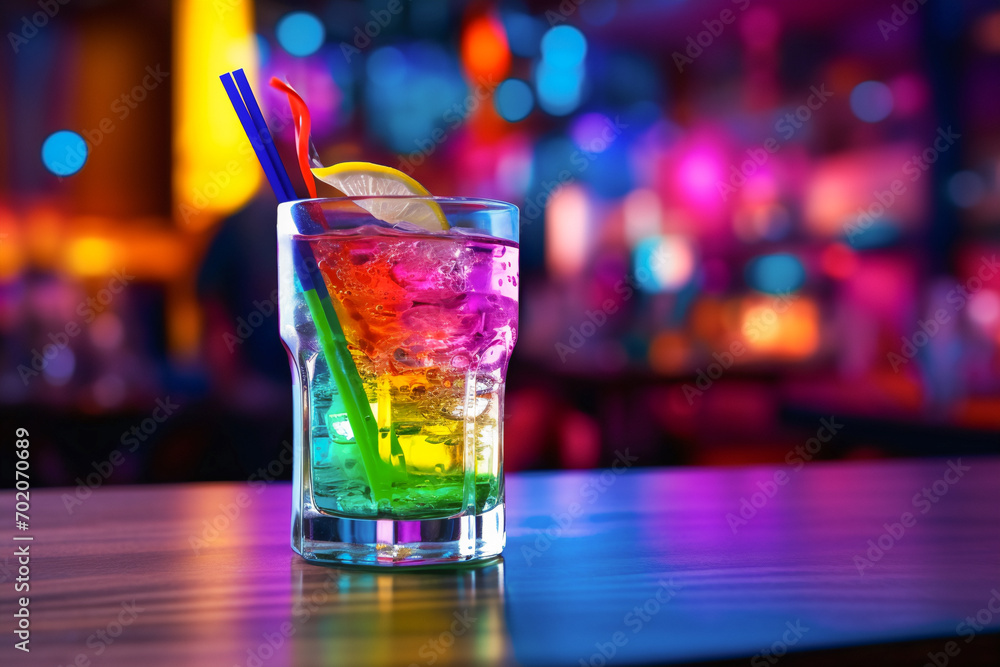 Colorful drink, cocktail close up on the table in a club, pub. Alcoholic beverage in a gay rainbow flag colors. LGBTQ celebration. - obrazy, fototapety, plakaty 
