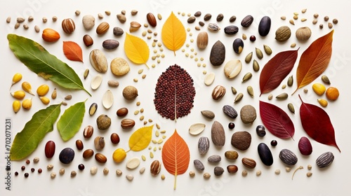 an array of seeds forming a vibrant mosaic, their different colors and textures creating a harmonious and visually appealing artwork against the simplicity of a white backdrop, © Ahmad