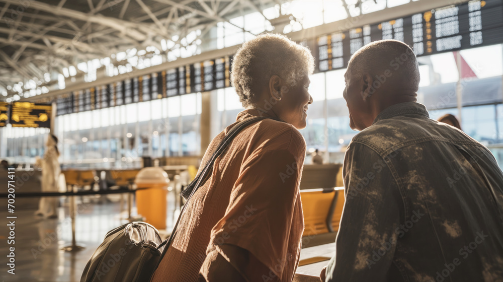 Satisfied happy senior couple looking at the flight schedule board at the international airport together Satisfied happy senior couple looking at the flight schedule board at the international airport together
