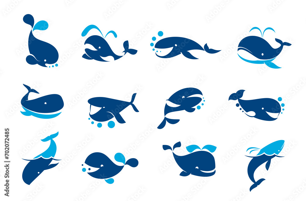 Obraz premium Funny blue whale icons. Ocean wildlife animal mascot or badge, cute blue whale with fountain and air bubbles vector icons. Company, oceanarium or diving club emblems or signs collection