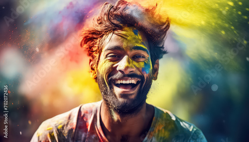 Portrait of a man in the dust of paints smiling , happy holi indian concept