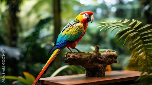 A colorful tropical bird perched on an intricately designed wooden stand, set against a lush rainforest backdrop, real photo