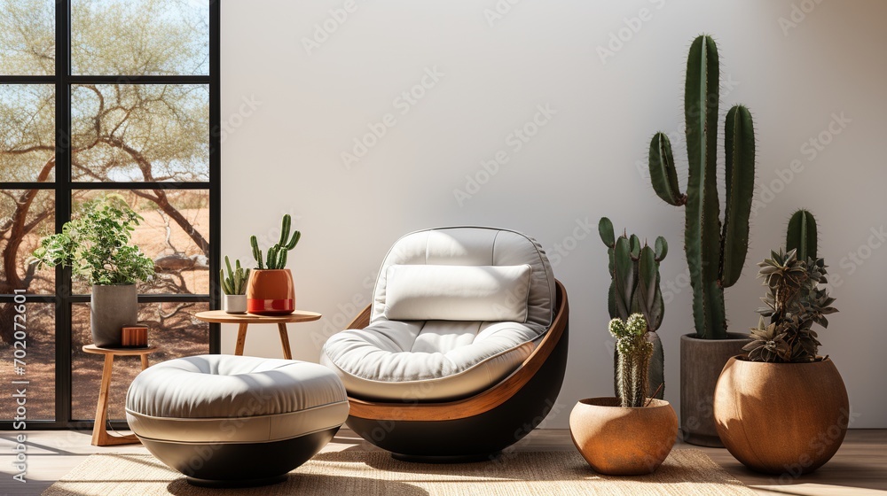 Modern Scandinavian home interior design characterized by an elegant living room featuring a comfortable sofa, mid century furniture, cozy carpet, wooden floor, white walls, and home plants.
