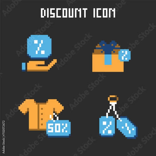 this is discount icon in pixel art with simple color and black background ,this item good for presentations,stickers, icons, t shirt design,game asset,logo and your project.