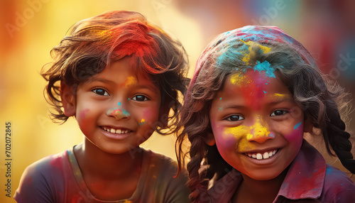 Indian kids playing with paint on their face , happy holi indian concept