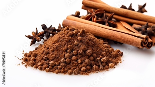 an isolated heap of ground cloves on a white background, showcasing the spice's intense aroma and warm brown color.