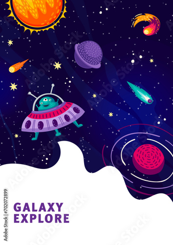 Cartoon alien flying on UFO saucer at starry galaxy space to planets, vector background. Space adventure and galaxy exploration poster with martian spaceship or alien UFO in starry sky with asteroids