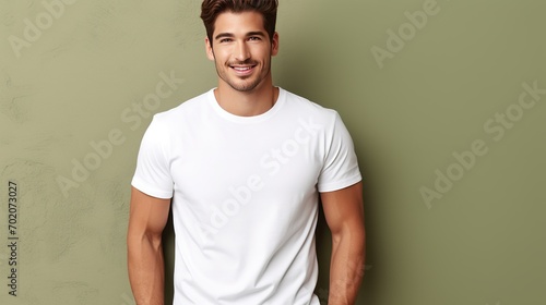 A young man elegantly modeling a Bella Canvas white t-shirt mockup, with a carefully crafted color background that complements the shirt's simplicity. photo