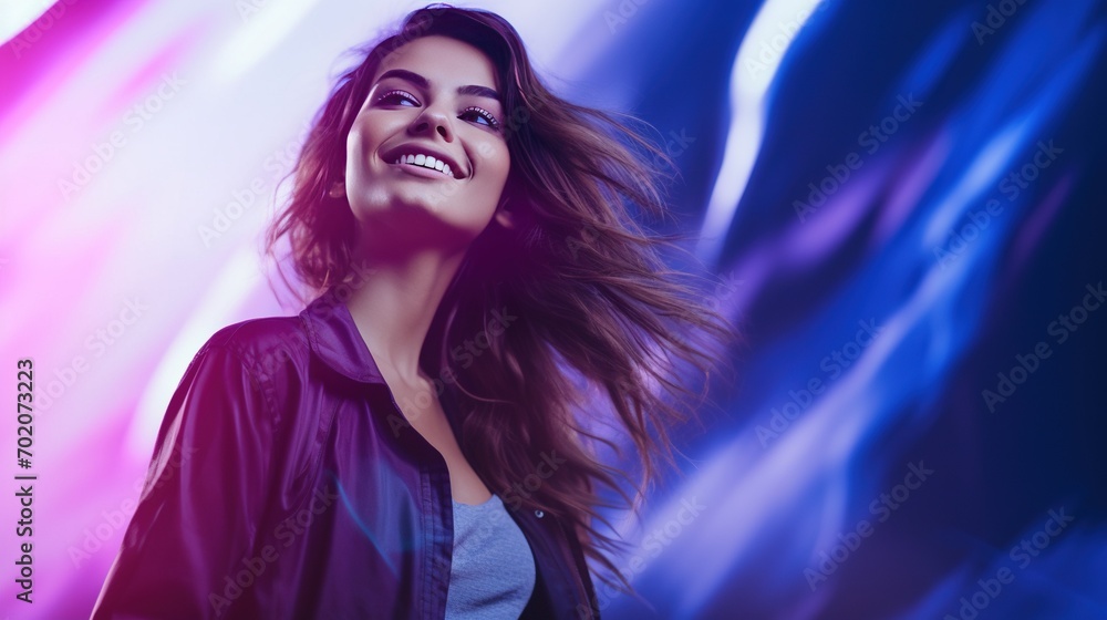A young woman with an infectious grin standing against a futuristic, gradient blue and purple background, creating a modern and dynamic composition