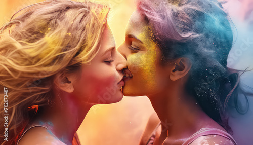 Two women kissing in paint at the festival , happy holi indian concept