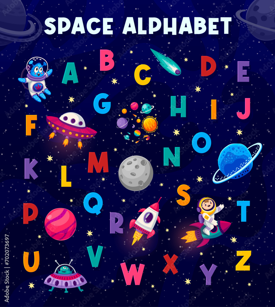 Cartoon space alphabet on starry galaxy landscape vector background. English alphabet letters with kid astronaut and alien characters, rocket, UFO, planets, comets and stars. Kids education abc poster Cartoon space alphabet on starry galaxy landscape vector background. English alphabet letters with kid astronaut and alien characters, rocket, UFO, planets, comets and stars. Kids education abc poster