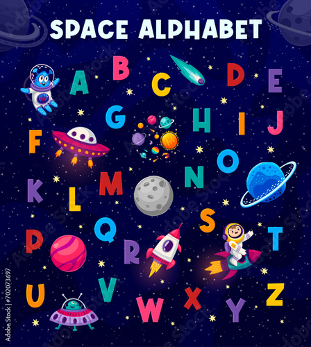 Fototapeta Naklejka Na Ścianę i Meble -  Cartoon space alphabet on starry galaxy landscape vector background. English alphabet letters with kid astronaut and alien characters, rocket, UFO, planets, comets and stars. Kids education abc poster