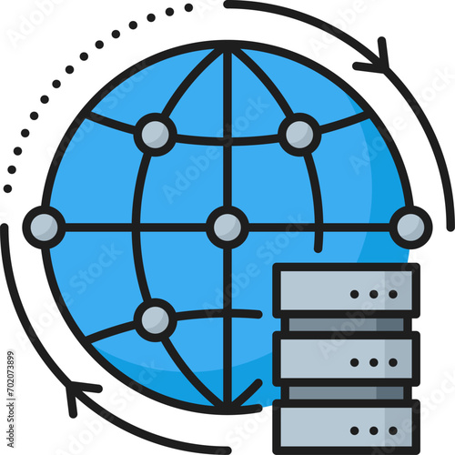 Servers everywhere. CDN. Content delivery network icon. website CDN administration and publishing system sign, web media database technology outline vector pictogram with globe and computer server