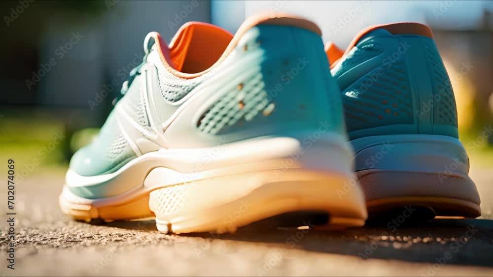 Closeup of a sleek pair of running shoes with lightweight mesh material for added breathability and comfort. Closeup of a sleek pair of running shoes with lightweight mesh material for added breathability and comfort.