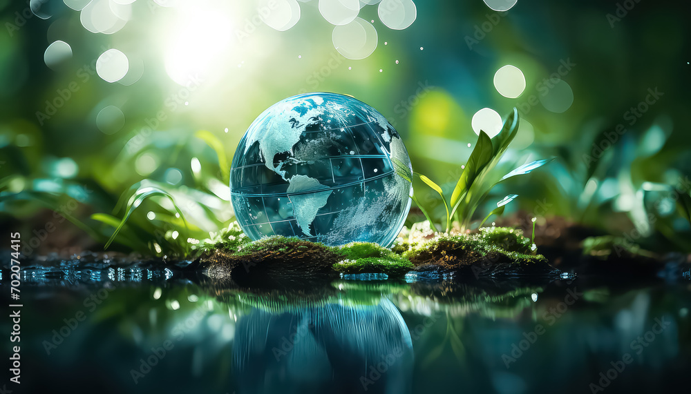 Ball shaped earth and blue water , safe nature earth day concept - obrazy, fototapety, plakaty 