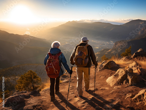 Elderly couple hiking in the mountains at sunrise.