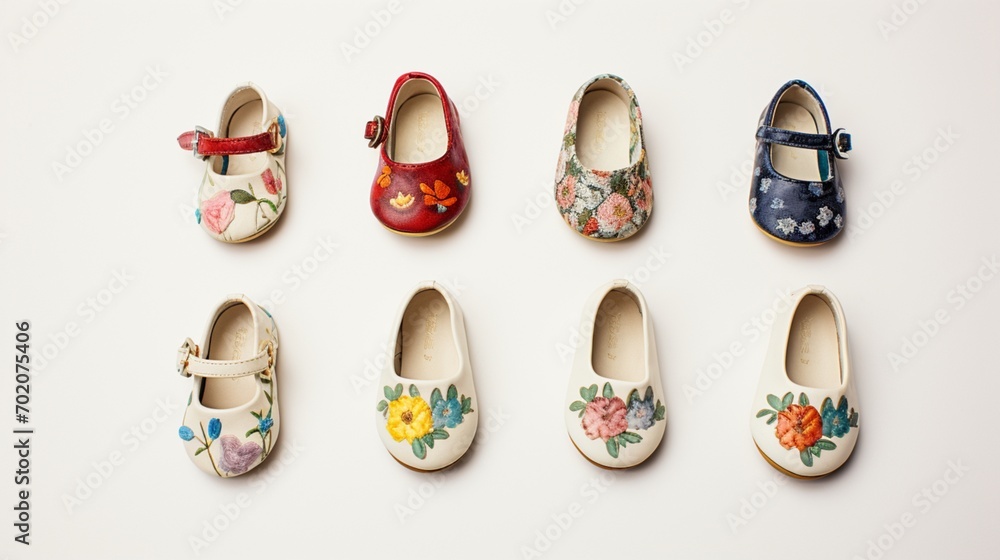baby chapal shoes with playful designs, capturing their tiny charm against a pure white backdrop.