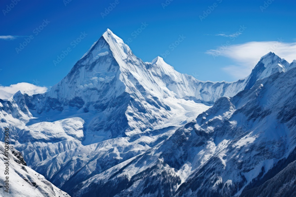 Capture the grandeur of snow-capped peaks against a clear blue sky Capture the grandeur of snow-capped peaks against a clear blue sky