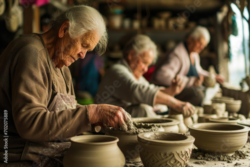 Old people participate in pottery classes, enjoying their retirement