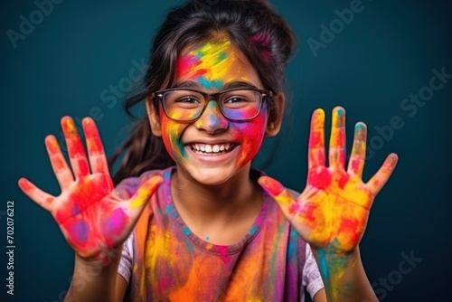 hild in paint showing palms happy holi indian concept