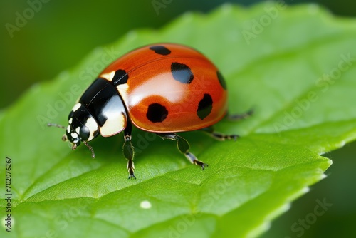 Ladybug on green leaf against blurred background, macro view © Muh