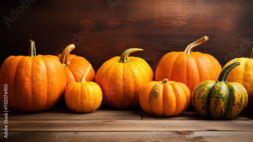Pumpkin, Squash. Happy Thanksgiving Day wooden Table Background
