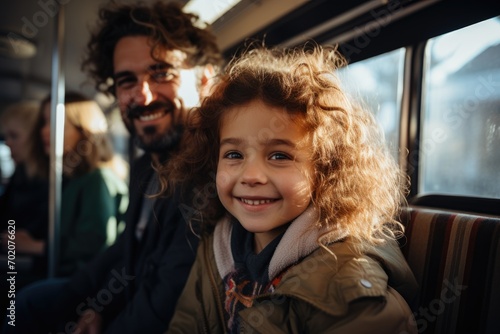 Happy girl with father riding bus