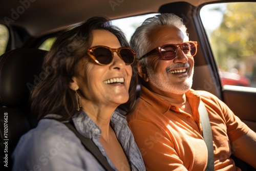 Cheery senior couple riding together in cab