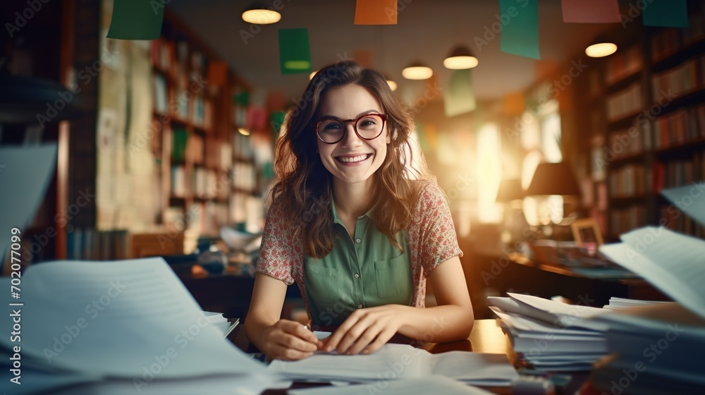 A teacher lady at her desk, grading papers with a smile, surrounded by books and educational resources - obrazy, fototapety, plakaty 