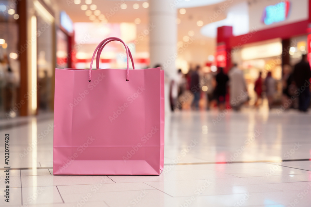 Naklejka premium Pink simple shopping paper bag with purchases lie on floor of huge shopping center. Mall discounts, good purchases. Indoor studio shot. Shopping and sale concept. Black Friday.