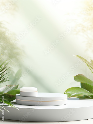 White round concrete product podium among green plants against a backdrop of sunlight and shade. Mockup for the product.