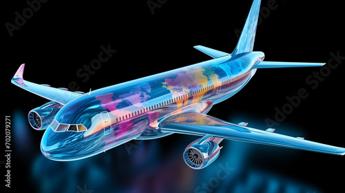  transparent  world map glob inside colorful airplane flying, A colorful airplane is on a black surface with the reflection of a plane on the ground. generative ai